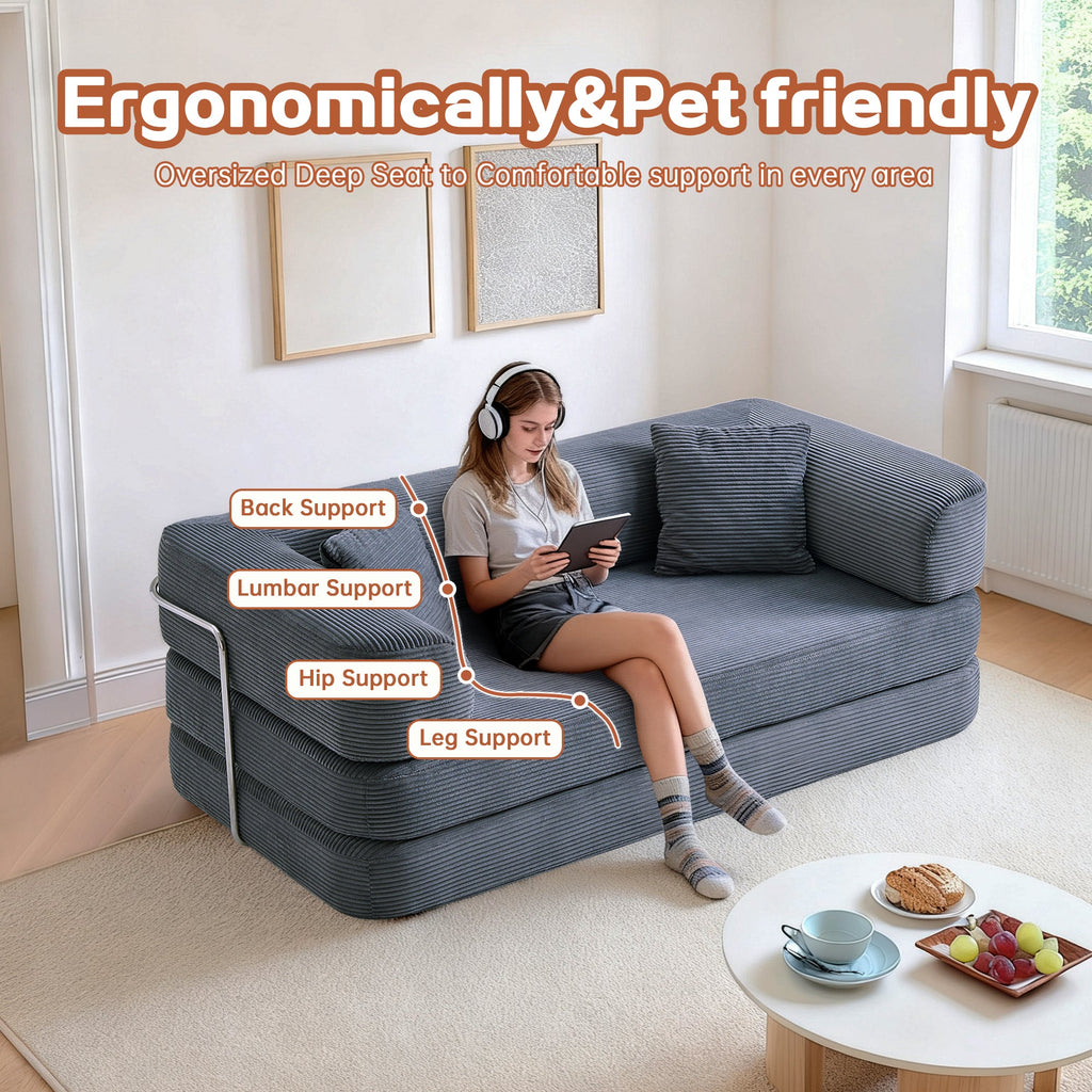 Sofa Bed Floor 5-in-1 Corduroy Gray Convertible Pillow Blanket 74.8 In