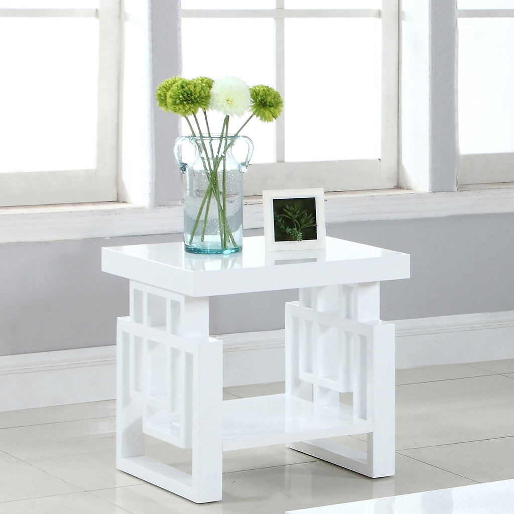 Rectangular End Table With Geometric Design And Open Shelf - White