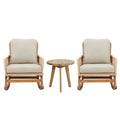 Modern 3 Piece Outdoor Seating Set With Cushioned Rattan Rocking Chairs And Wooden Accent Table