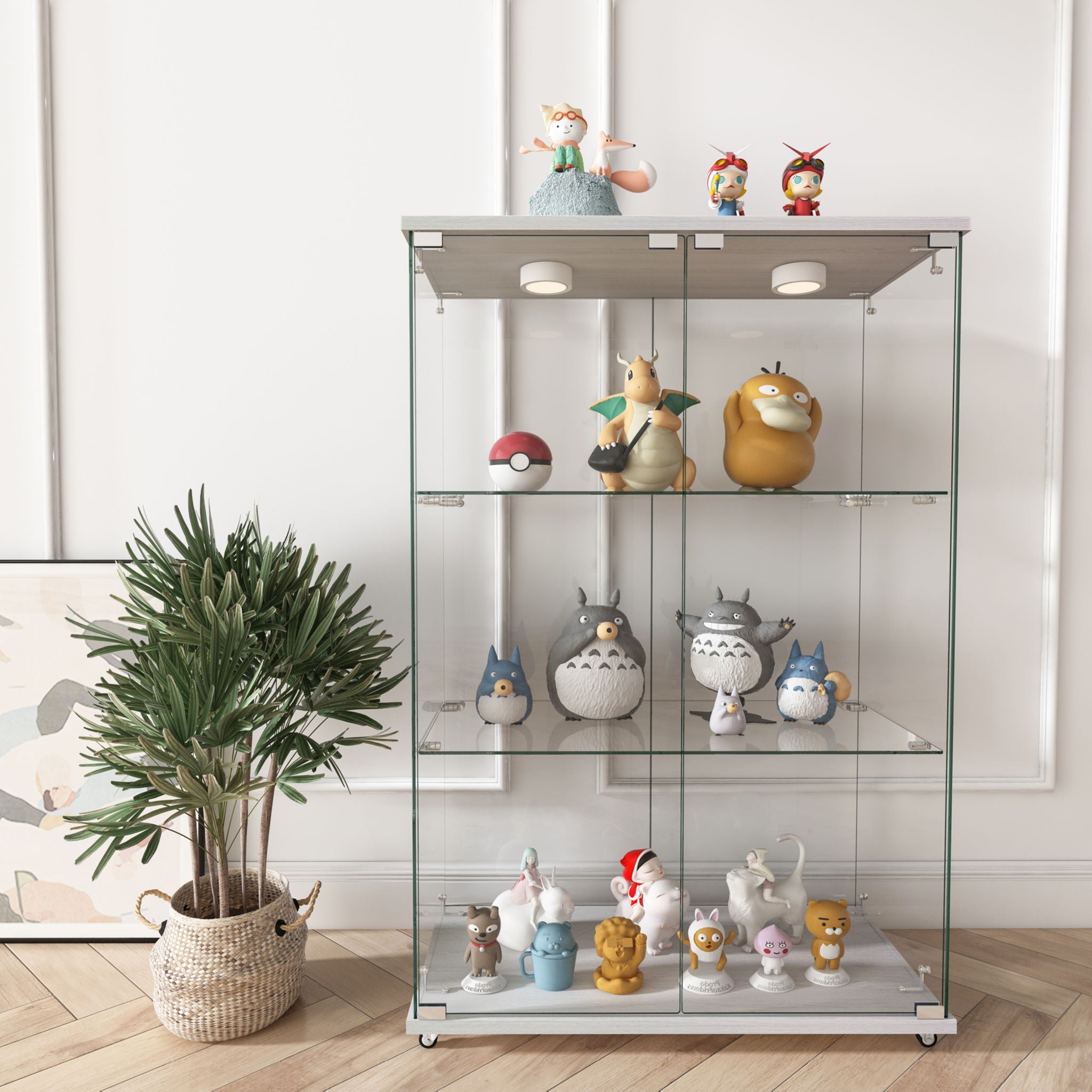 Modern Display Cabinet With LED Lights, Transparent Tempered Glass 2 Door Storage Case With 3 Shelves