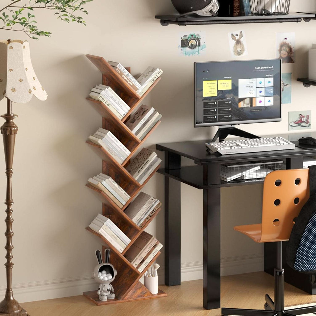 10 Tier Tree Bookshelf Brown Wood Floor Standing Bookcase For Living Room Decor Storage