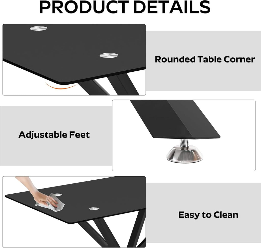 BlackGlassDiningSetForFourTuftedChairsWithNonSlipFeet