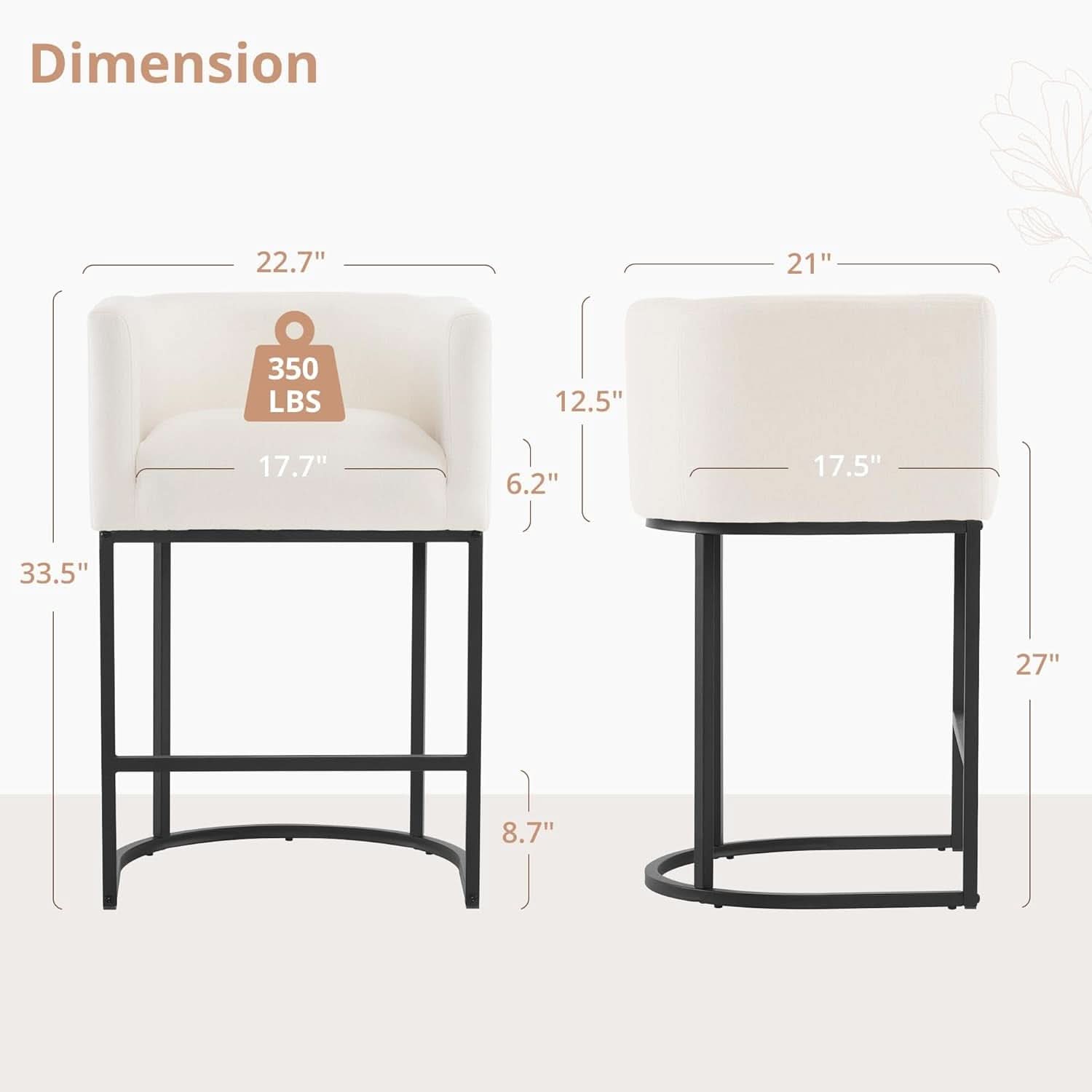 27 Inch Counter Height Bar Stools Set Of 4 With Backrest And Armrests Beige Linen Upholstery Black Metal Frame