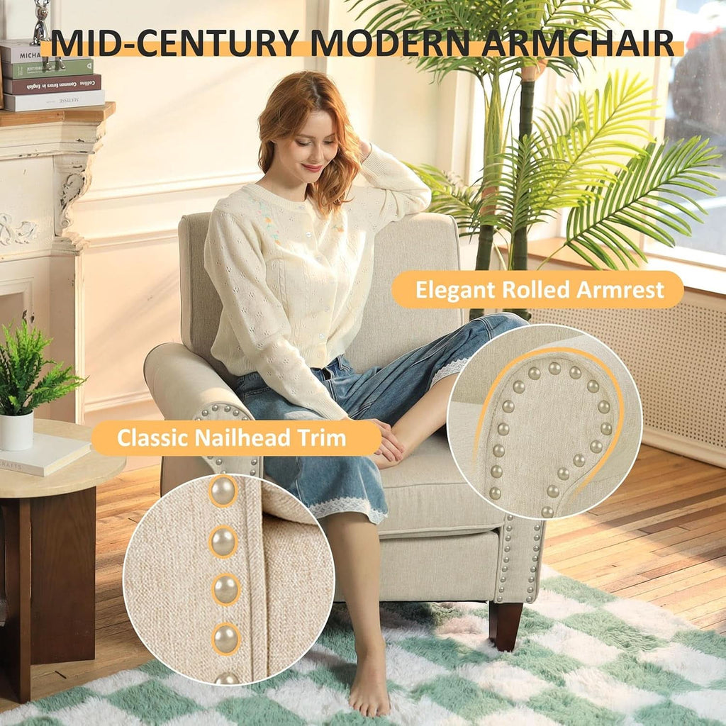 Beige Mid Century Modern Accent Chair Nailhead Trim