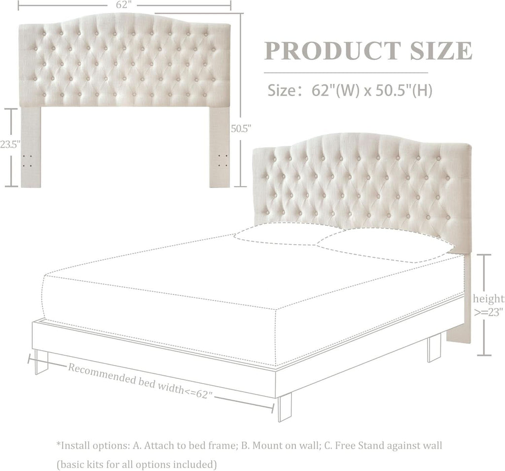 Tufted Linen Upholstered Headboard for Queen Full Beds