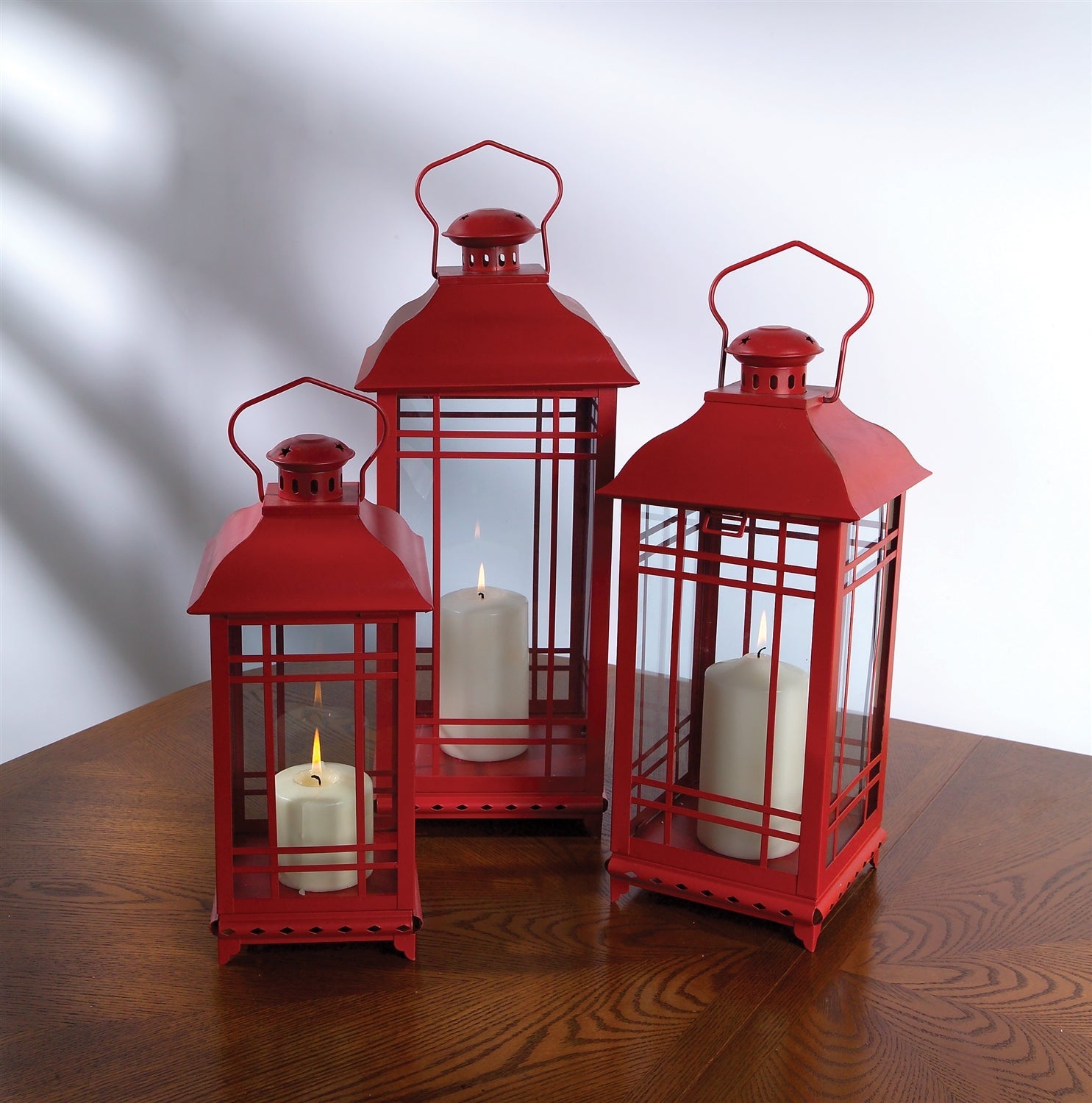 Set of Three Classic Farmhouse Red Metal Lanterns