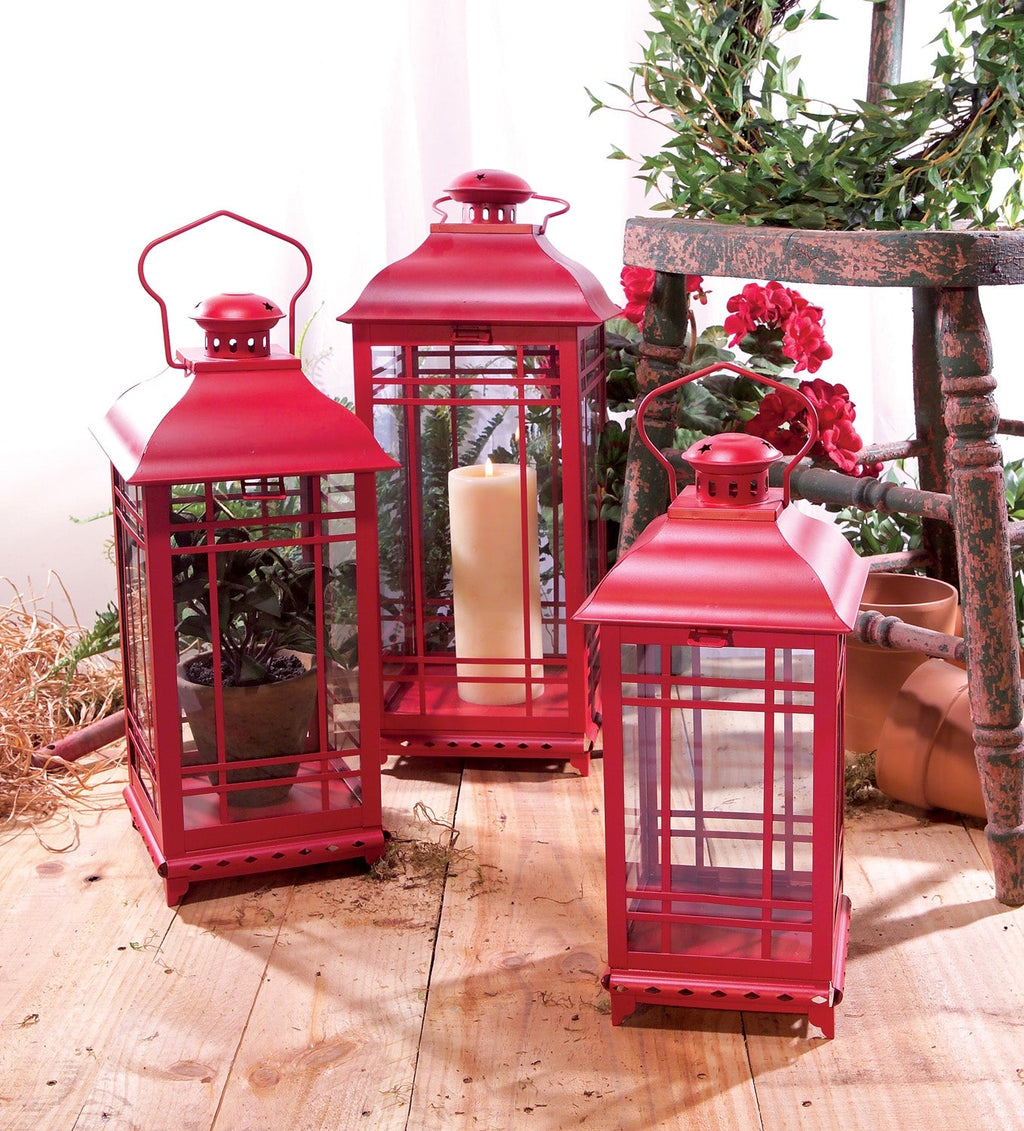 Set of Three Classic Farmhouse Red Metal Lanterns