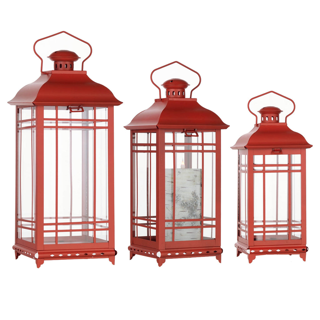 Set of Three Classic Farmhouse Red Metal Lanterns