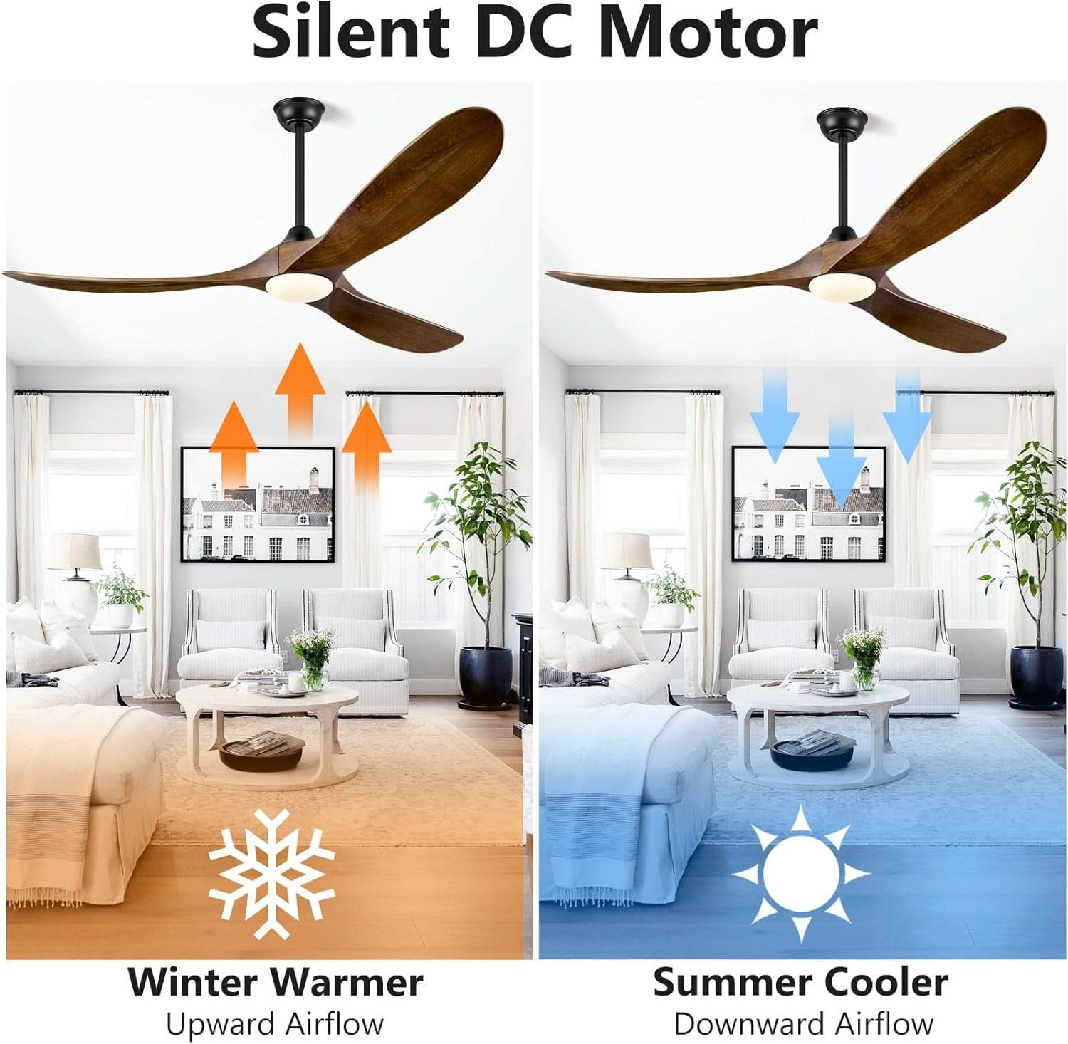 60 Inch Walnut Solid Wood Ceiling Fan Outdoor Weatherproof