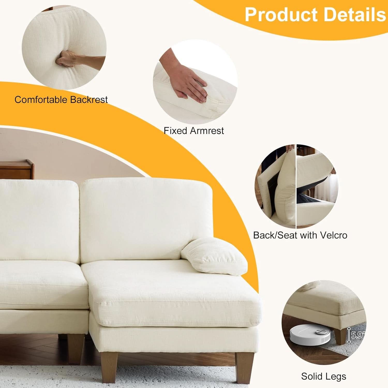 U Shape Sectional Sofa 111 Inch Beige Chenille Convertible