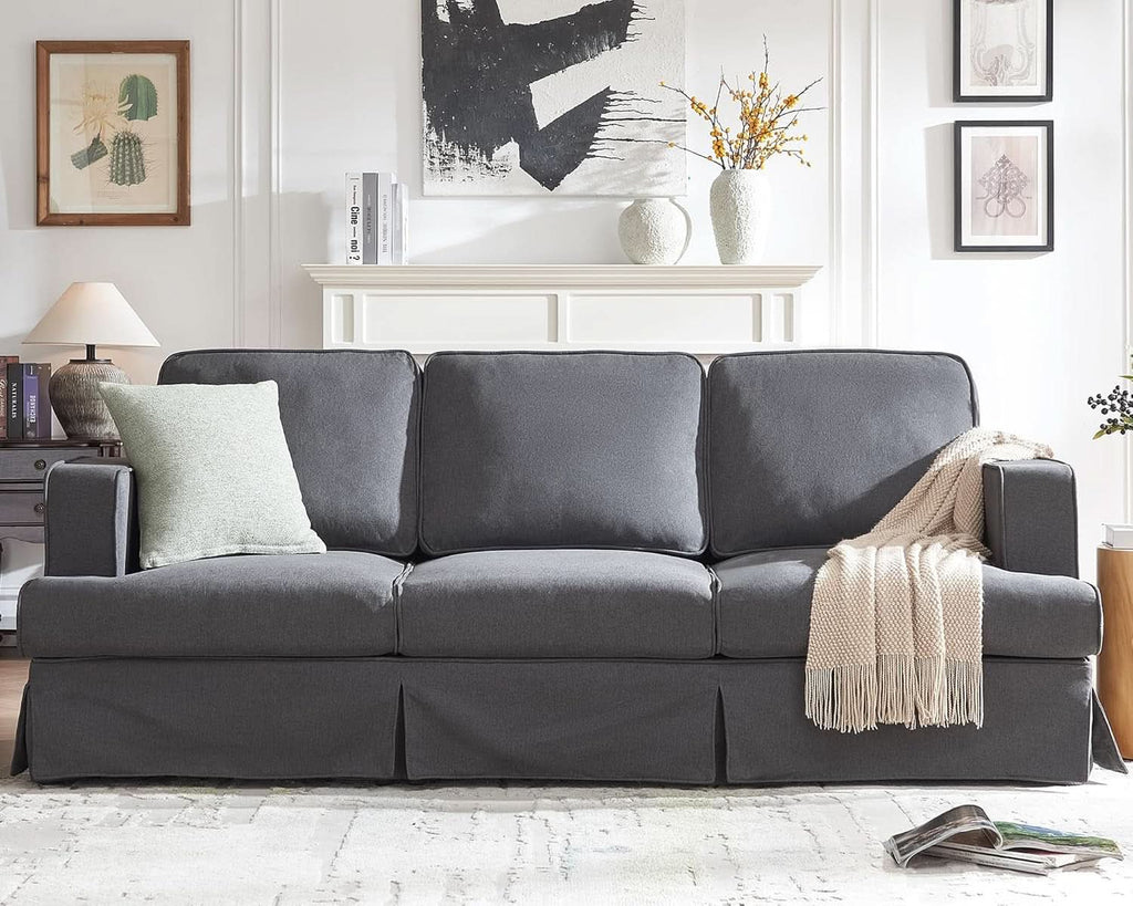 89 Inch Slipcovered Linen Grey Sofa 3 Seater Couch