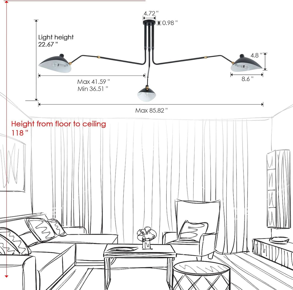 Matt Black Three Arm Adjustable Pendant Light Chandelier