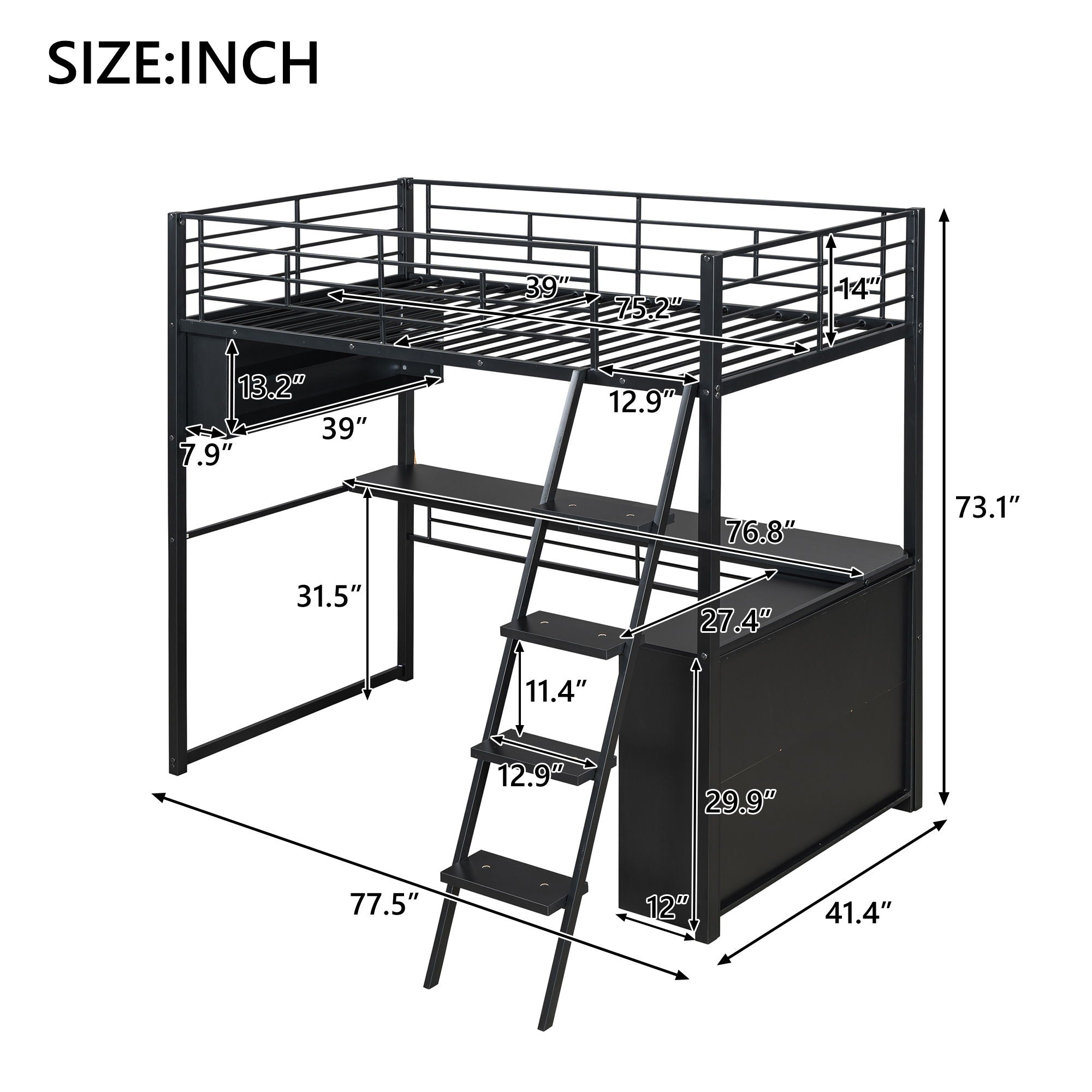 Loft Bed With LED Desk And 4 Storage Shelves