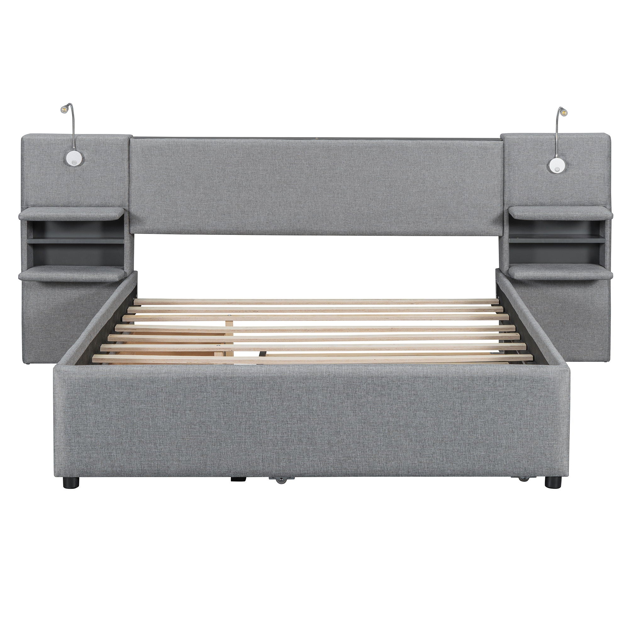 Upholstered Platform Bed With Reading Lights, Drawers, Trundle And Shelves