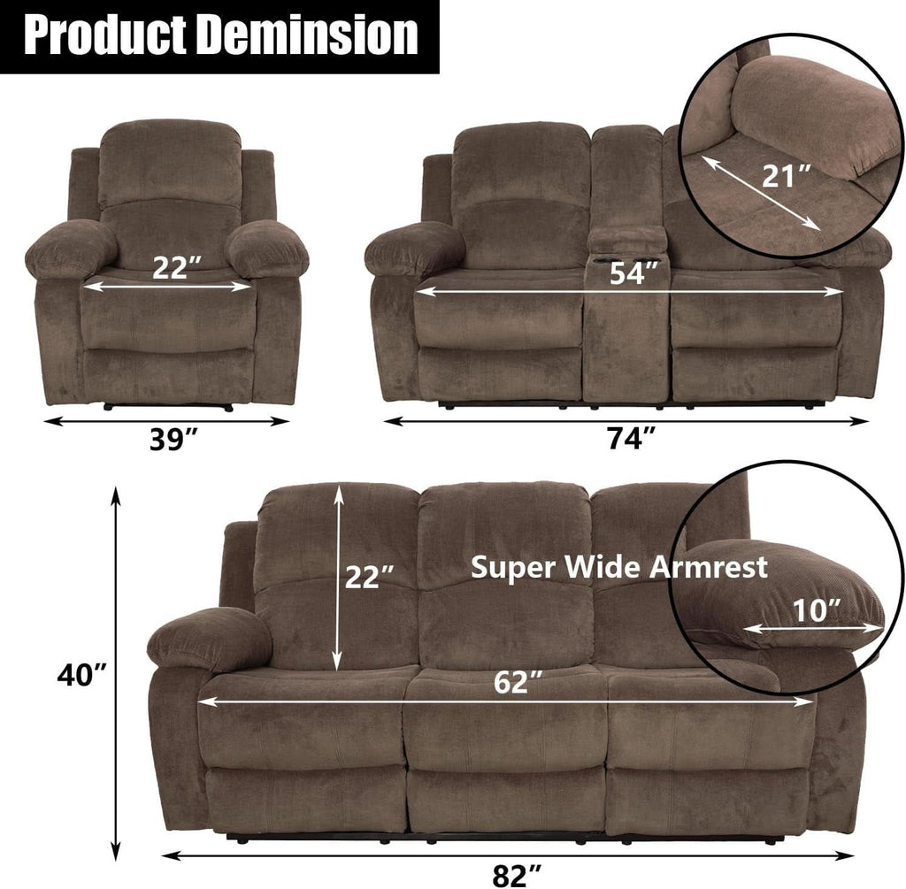 Recliner Sofa Set With Drop Down Table And Storage Console Brown Velvet
