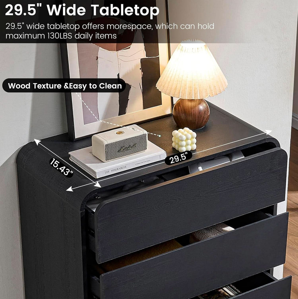 Black Hardwood Dresser With Curved Front Storage Panel