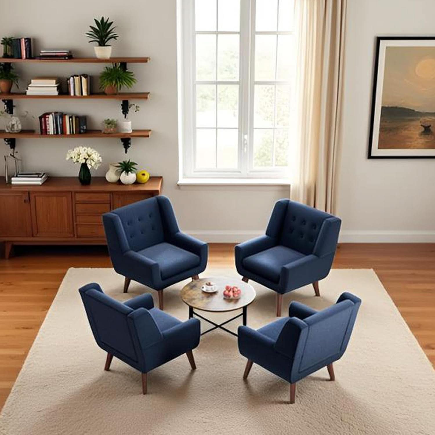 Dark Blue Linen Upholstered Tufted Midcentury Armchair