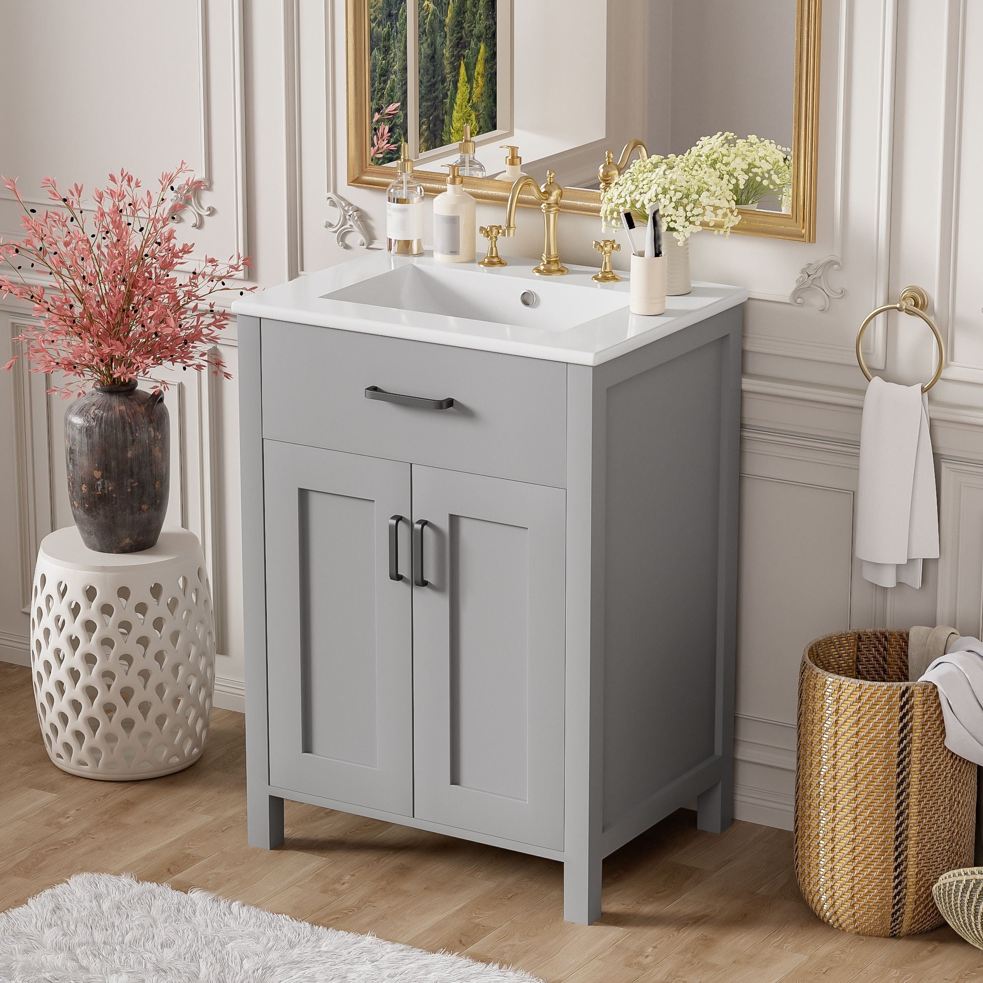 Bathroom Vanity With Ceramic Sink, Soft Close Doors, Flip Drawer, Double Layer Door Shelves
