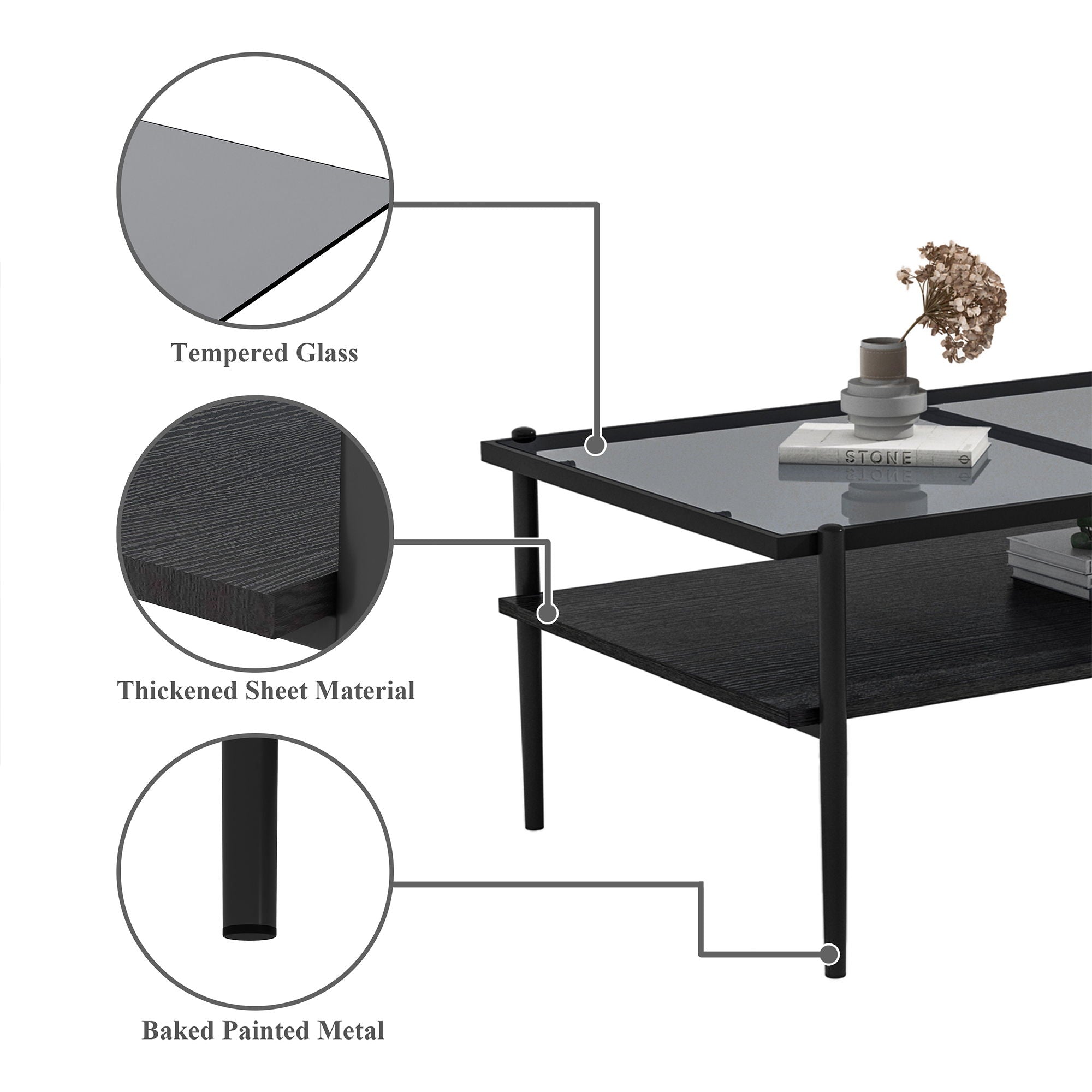 Rectangle Coffee Table With Tempered Glass Top And Legs, Modern Table For Living Room