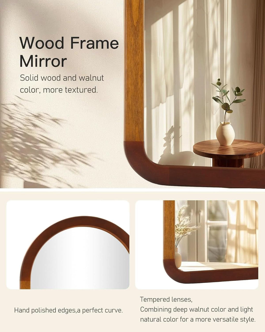 Arched Mirror 24x36 Walnut Brown Wood Frame Wall Mounted