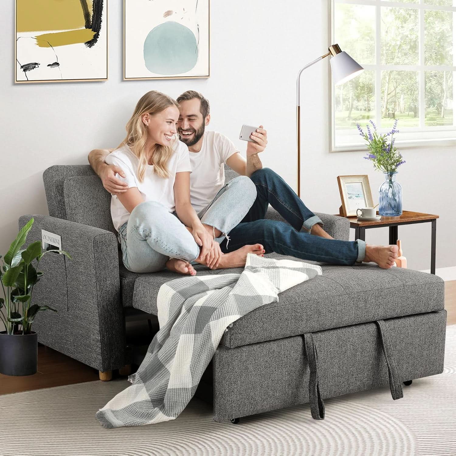 Sleeper Sofa Bed, 3-In-1 Convertible Sofa Chair, Linen Fabric Pull Out Couch Bed, Loveseat Sleeper with Spring Support, Adjustable Backrest, 2 Seater Recliner Chair for Small Space, Dark Grey