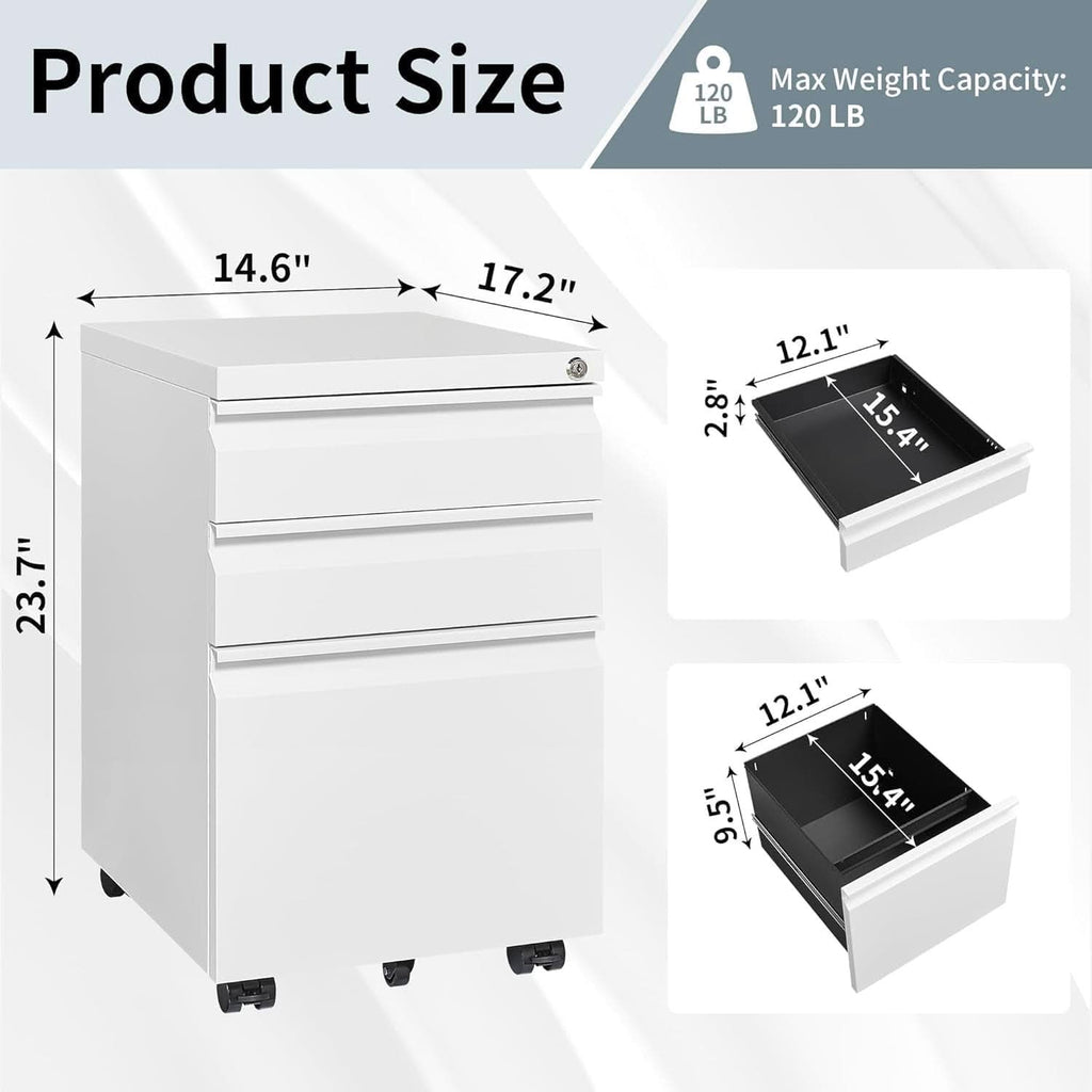 Three Drawer Locking File Cabinet Matte White For Home Office Under Desk Fully Assembled A4 Letter Legal