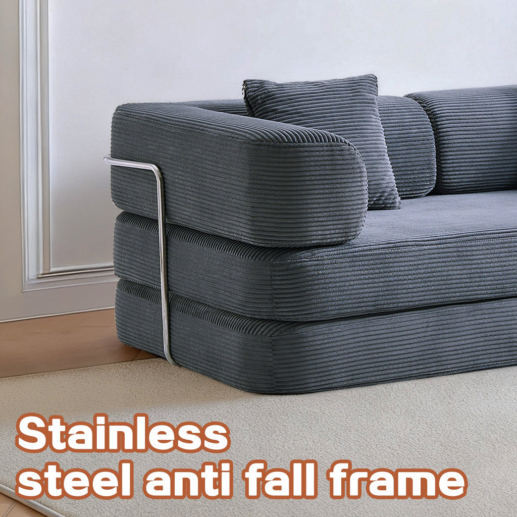 Sofa Bed Floor 5-in-1 Corduroy Gray Convertible Pillow Blanket 74.8 In