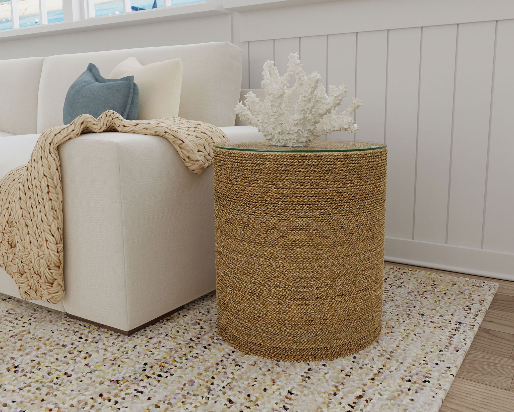 Halden Round Woven Seagrass Accent Side Table Light Brown