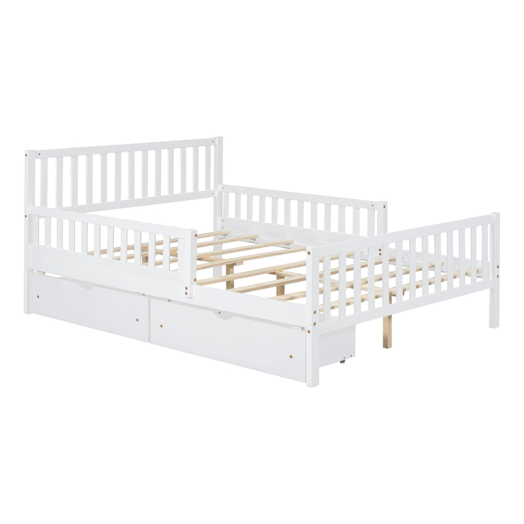 Platform Bed With Guardrails On Both Sides And 2 Storage Drawers