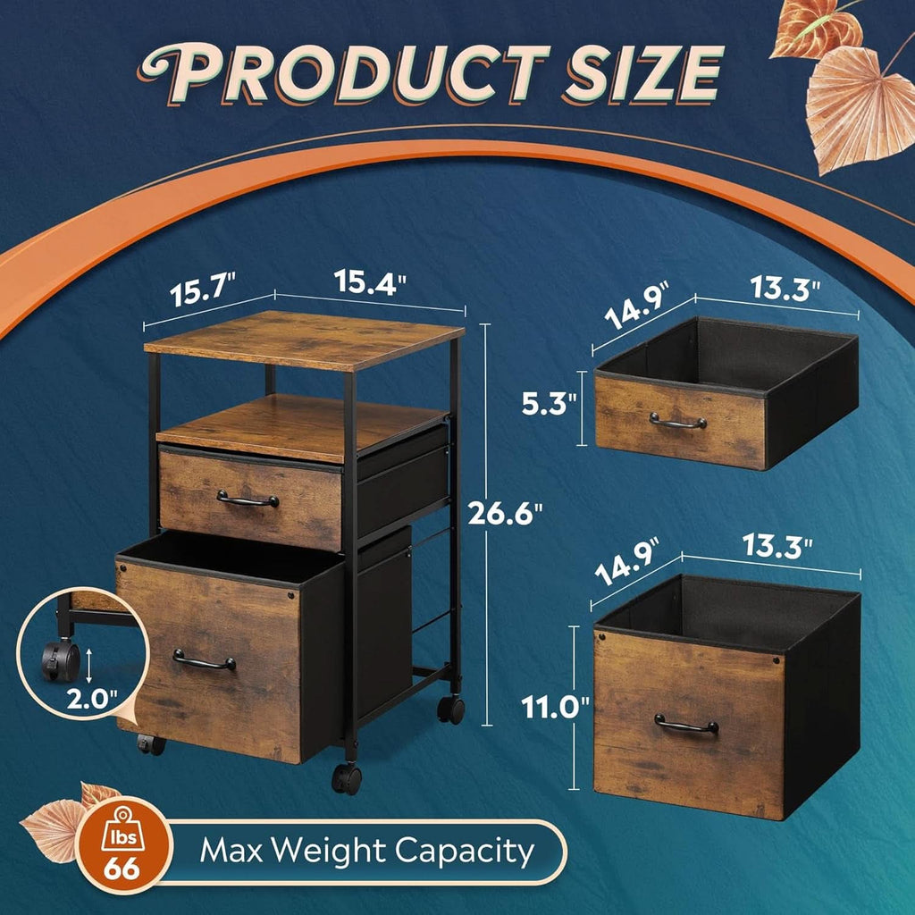 2 Drawer Mobile File Cabinet With Open Shelf Rolling Printer Stand For A4 Or Letter Size Files Rustic Brown Wood Grain