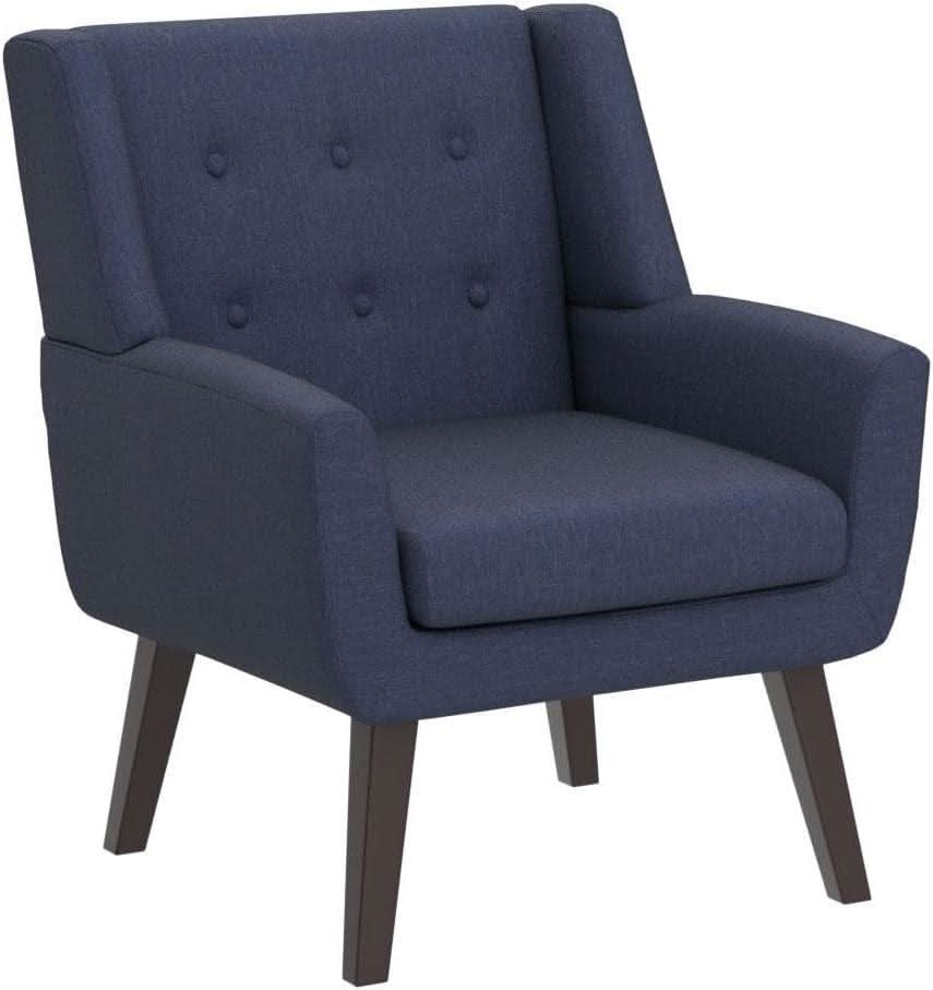 Dark Blue Linen Upholstered Tufted Midcentury Armchair
