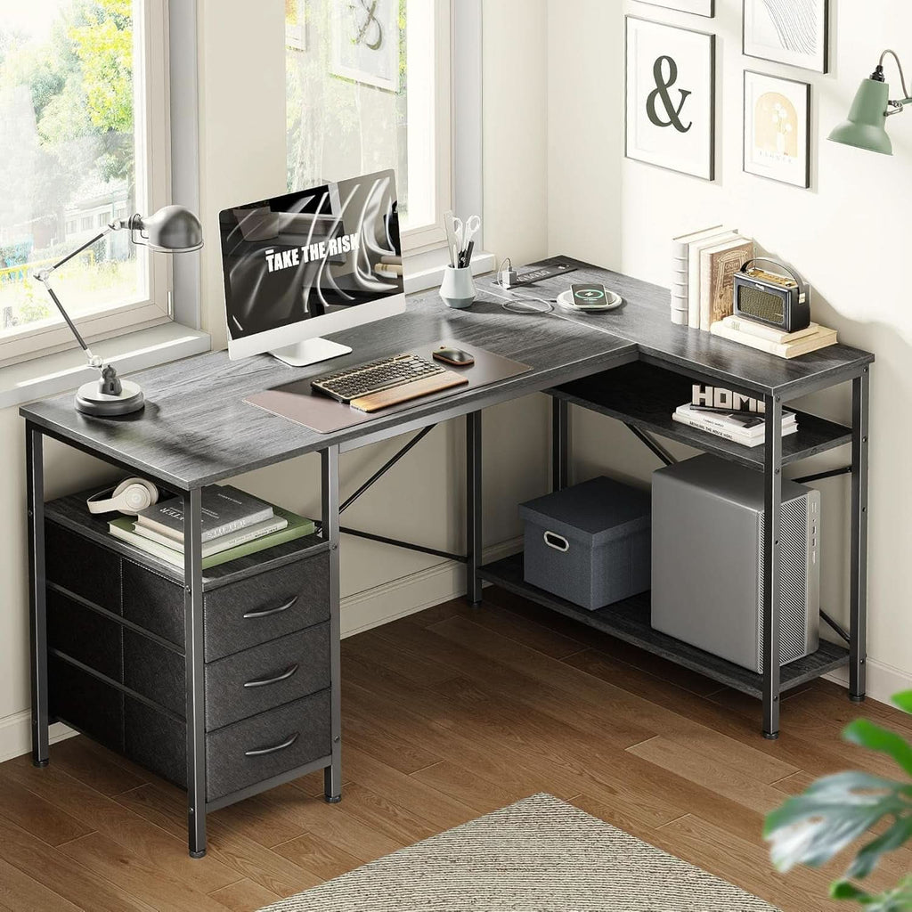47 Inch L Shaped Desk With Power Outlets And 3 Drawers Grey