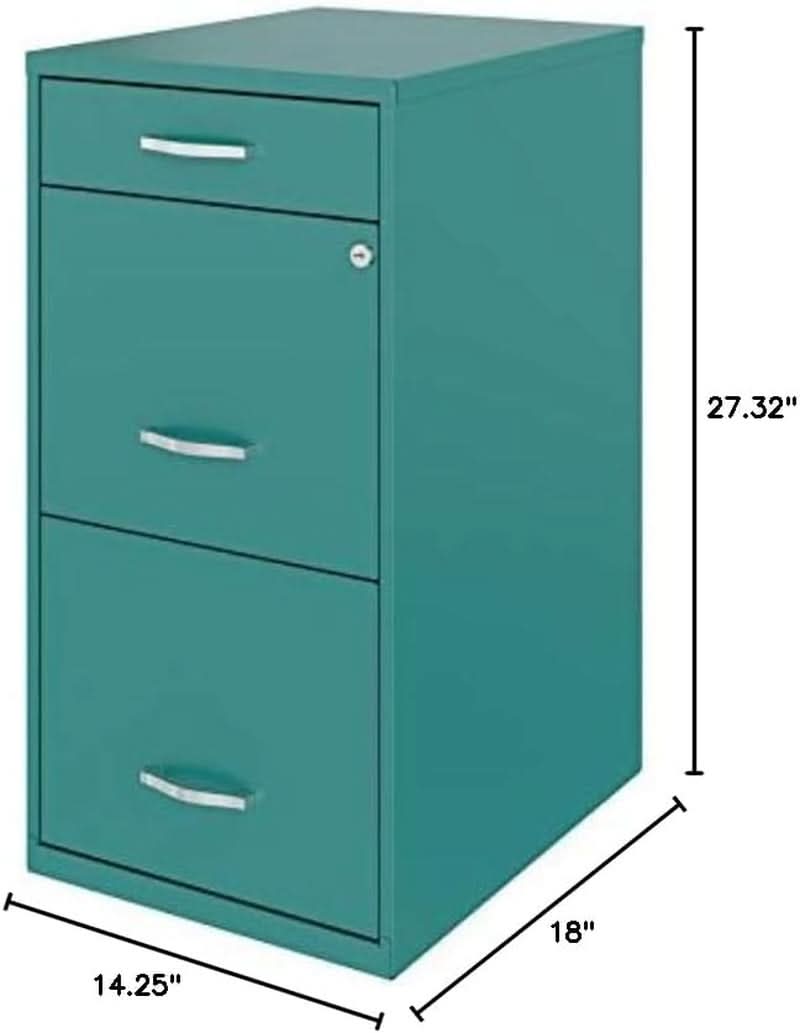 Turquoise Metal 3 Drawer Vertical Filing Cabinet Lockable 27.32 Inch Pre Assembled For Home Or Office