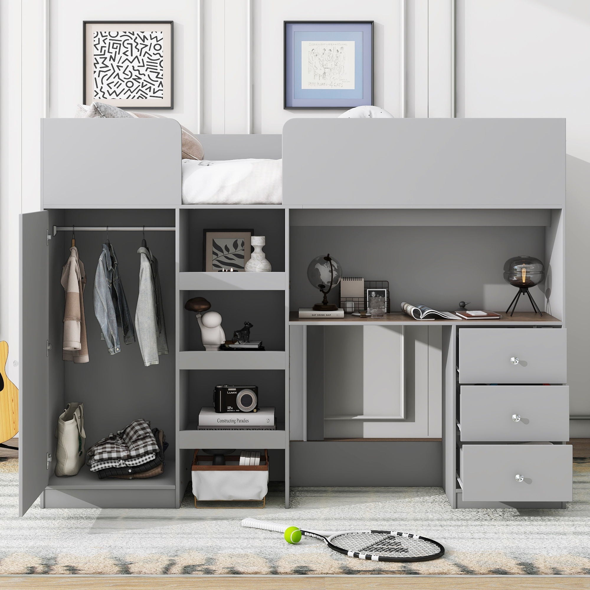 Loft Bed With Built In Wardrobe, Desk, Shelves, And Drawers