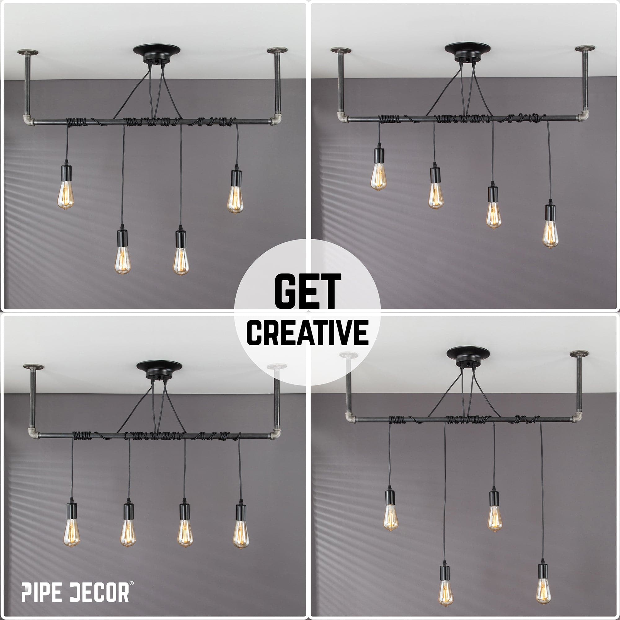 Black Spider Pendant Light Kit with Pipe Bar Hanging Accessory and 4 Adjustable Arms