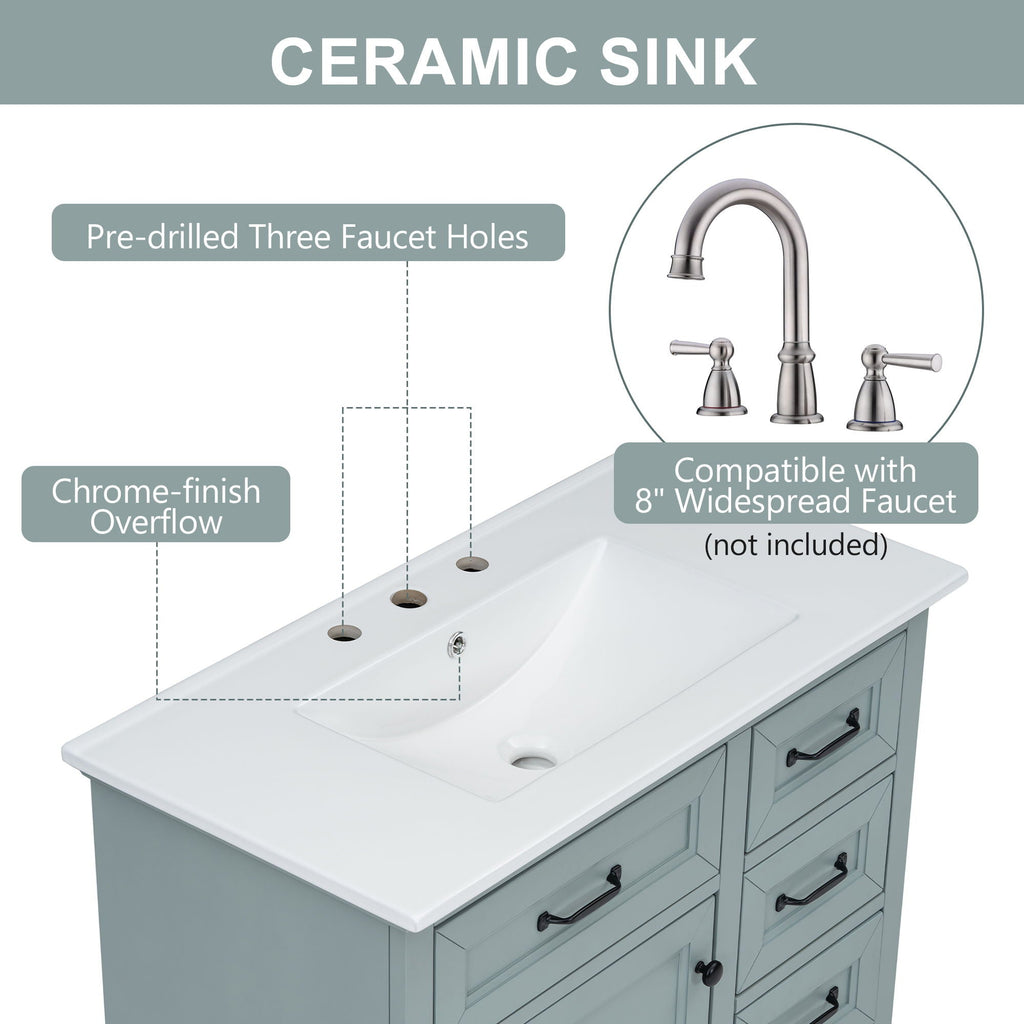 36" Bathroom Vanity With Sink, 2 Tip Out Drawers, Soft Close Hinges