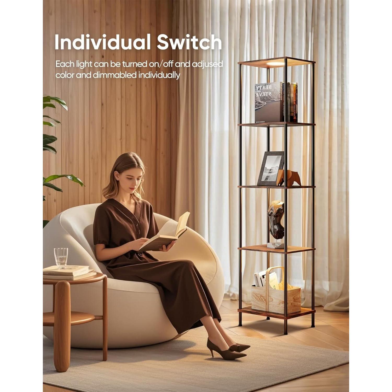 Display Shelf With RGBW Light Floor Lamp 5 Tier Brown