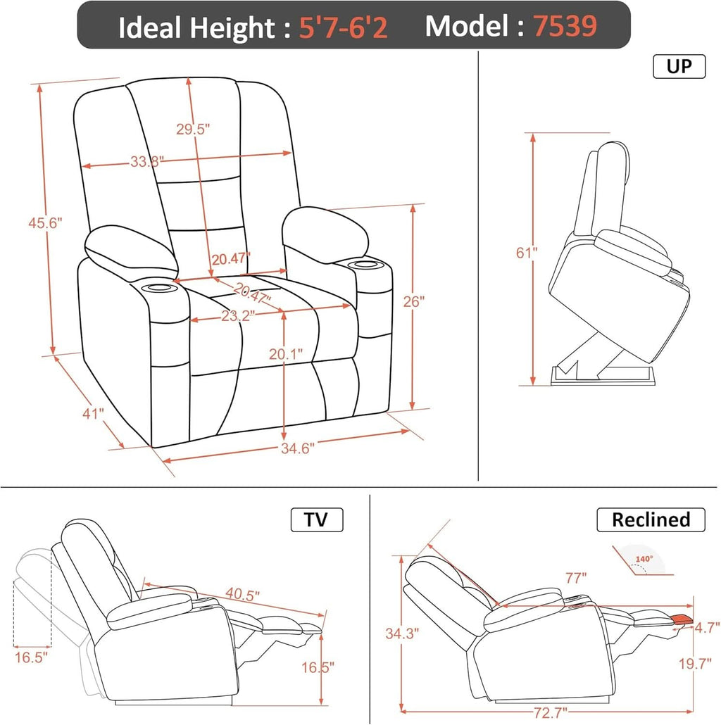 Large Navy Blue Power Lift Recliner Chair With Massage And Heat