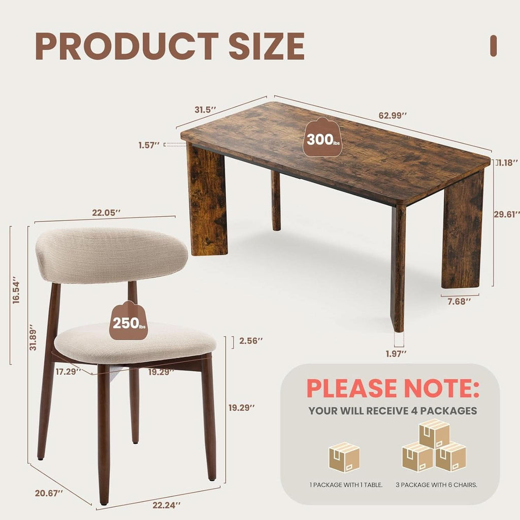 63Inch Industrial Dining Table Set With UpholsteredChairs