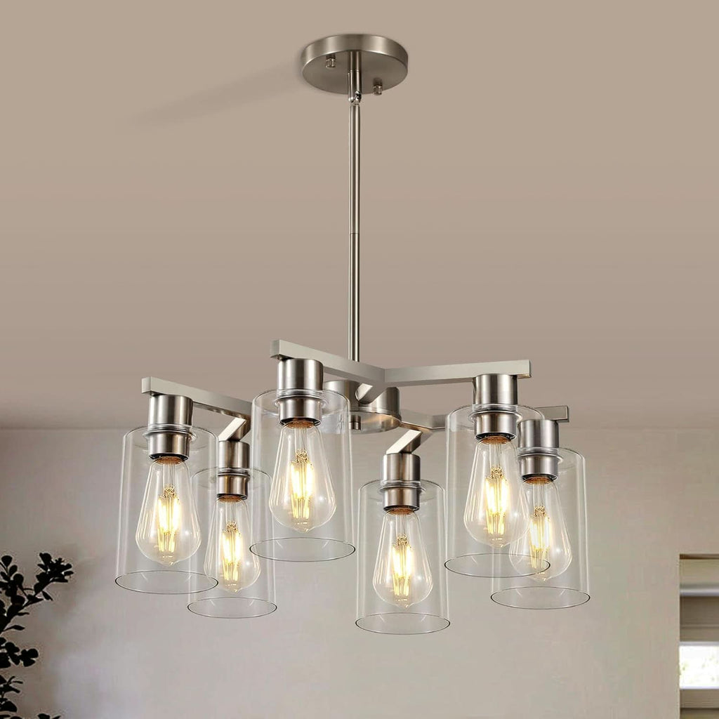 6 Light Farmhouse Brushed Nickel Pendant Chandelier
