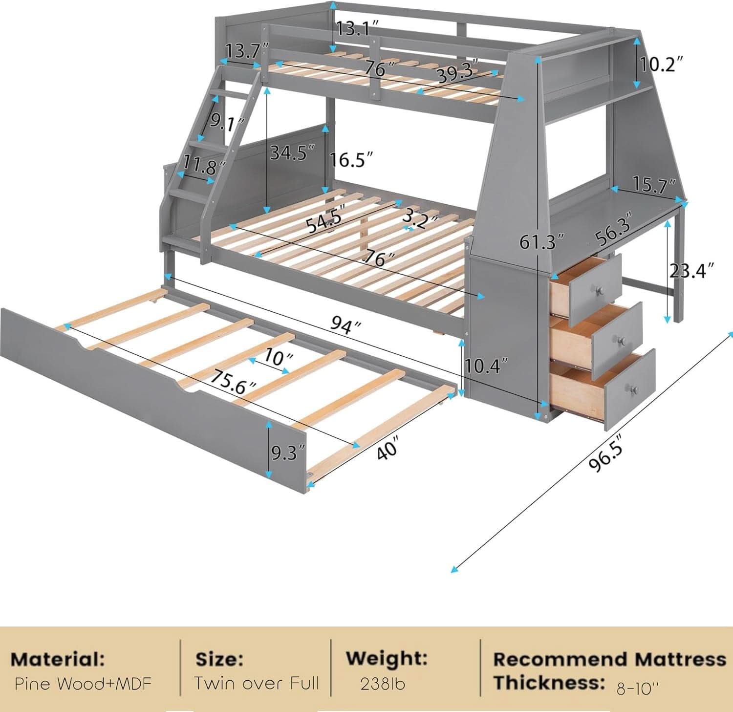 Gray Twin Over Full Bunk Bed With Trundle And Desk