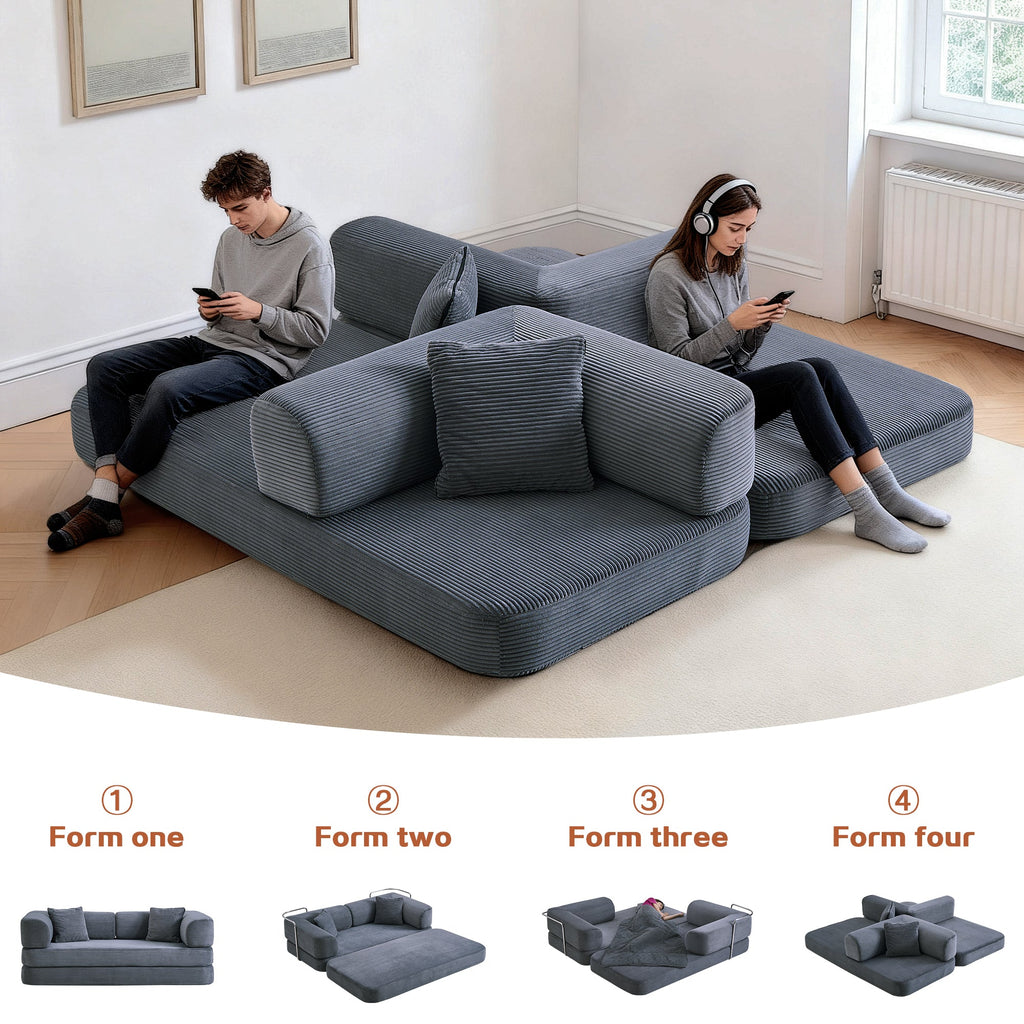 Sofa Bed Floor 5-in-1 Corduroy Gray Convertible Pillow Blanket 74.8 In
