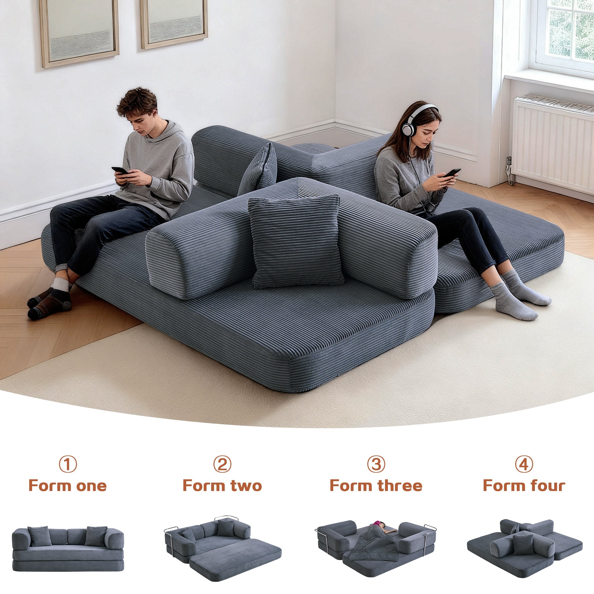Sofa Bed Floor 5-in-1 Corduroy Gray Convertible Pillow Blanket 74.8 In
