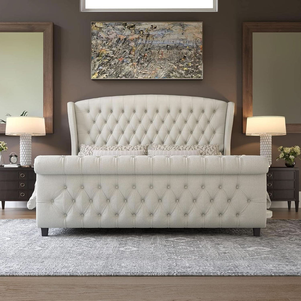 Queen Size Chenille Upholstered Sleigh Platform Bed with Button Tufted Headboard