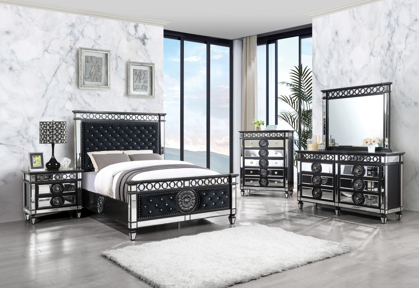 Varian II - Nightstand - Mirrored, Black & Sliver
