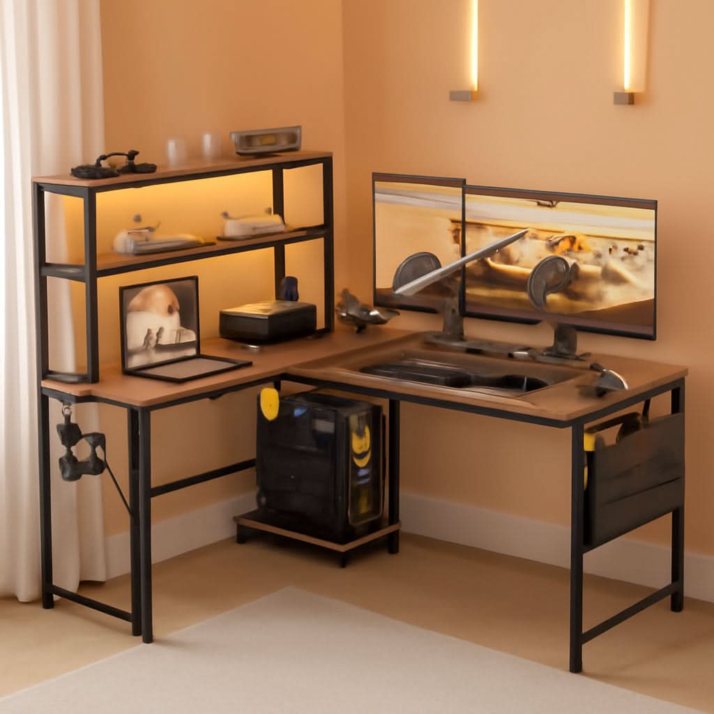 53 Inch L Shaped Desk With LED Lights And Power Outlet