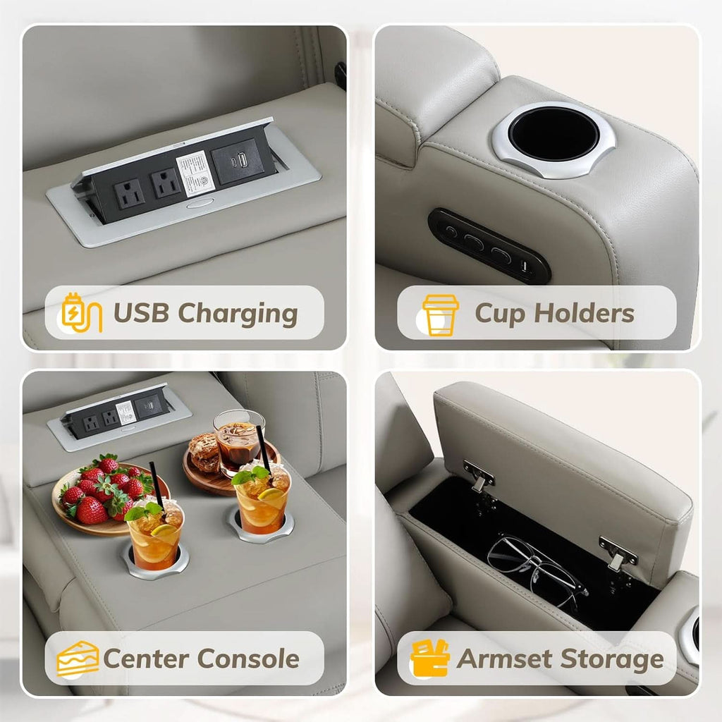 Power Recliner Sofa With Adjustable Headrest USB Charging