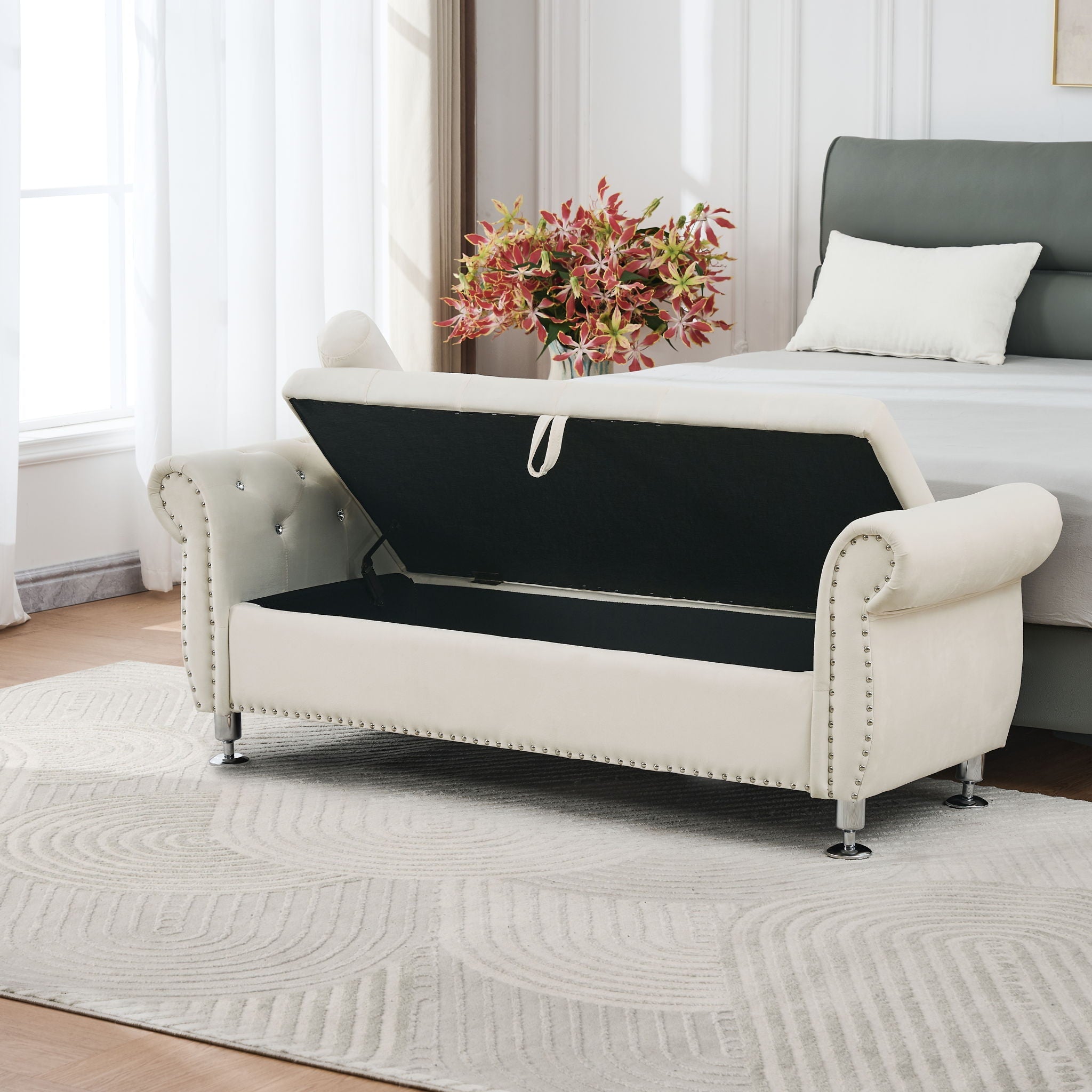 Storage Bench With Crystal Buttons And 1 Pillow For Bedroom