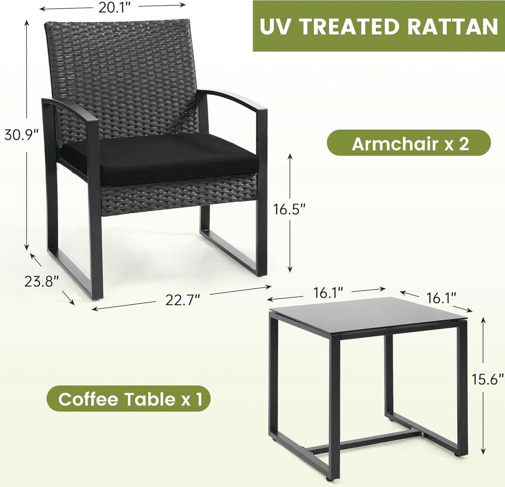 Three Piece Wicker Patio Bistro Set With Coffee Table Black Frame For Balcony Porch And Garden Outdoor