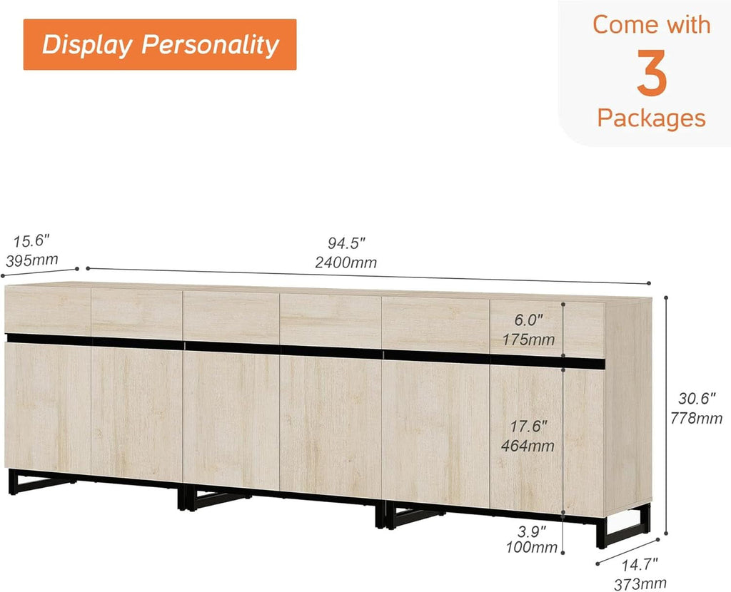 3 In 1 Multifunctional Sideboard Buffet Cabinet With Adjustable Shelves In Light Oak Finish For Living Room